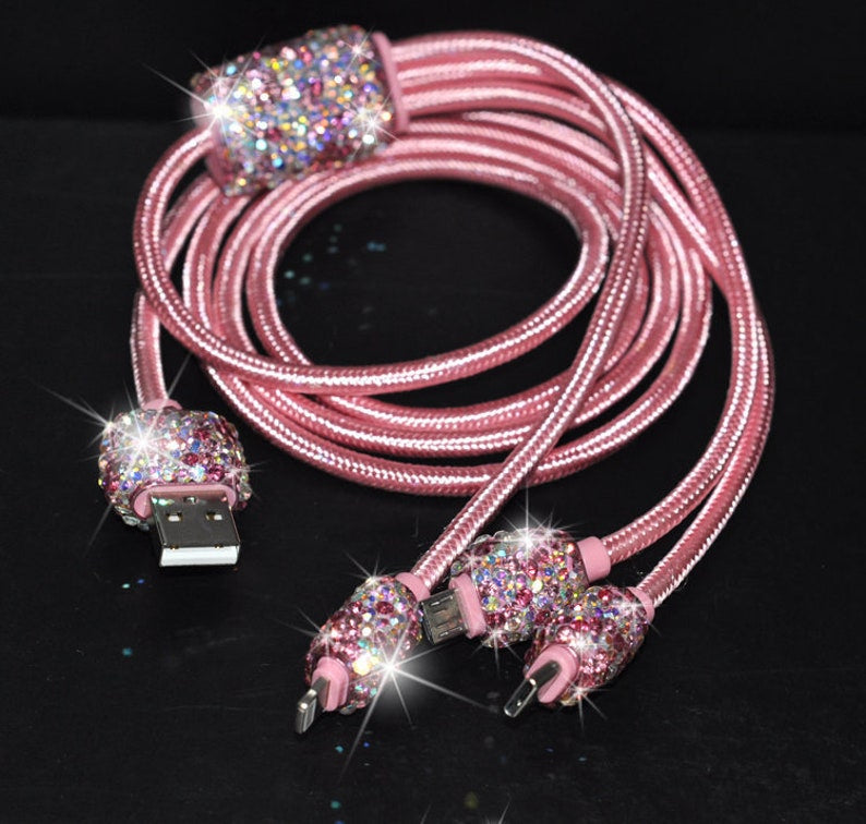 Bling Bling! Pink Mobile Phone Data Charging Cable 3 in 1 Lightning, USB C, Micro USB to USB - Apple iPhone iPad & Android Cell Phone