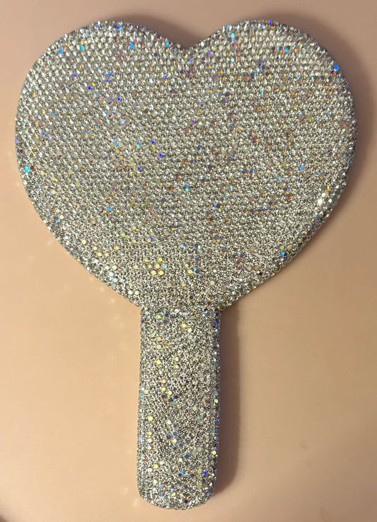 Bling Bling! Clear AB Crystal Rhinestone Heart Handheld Mirror 8” x 5”