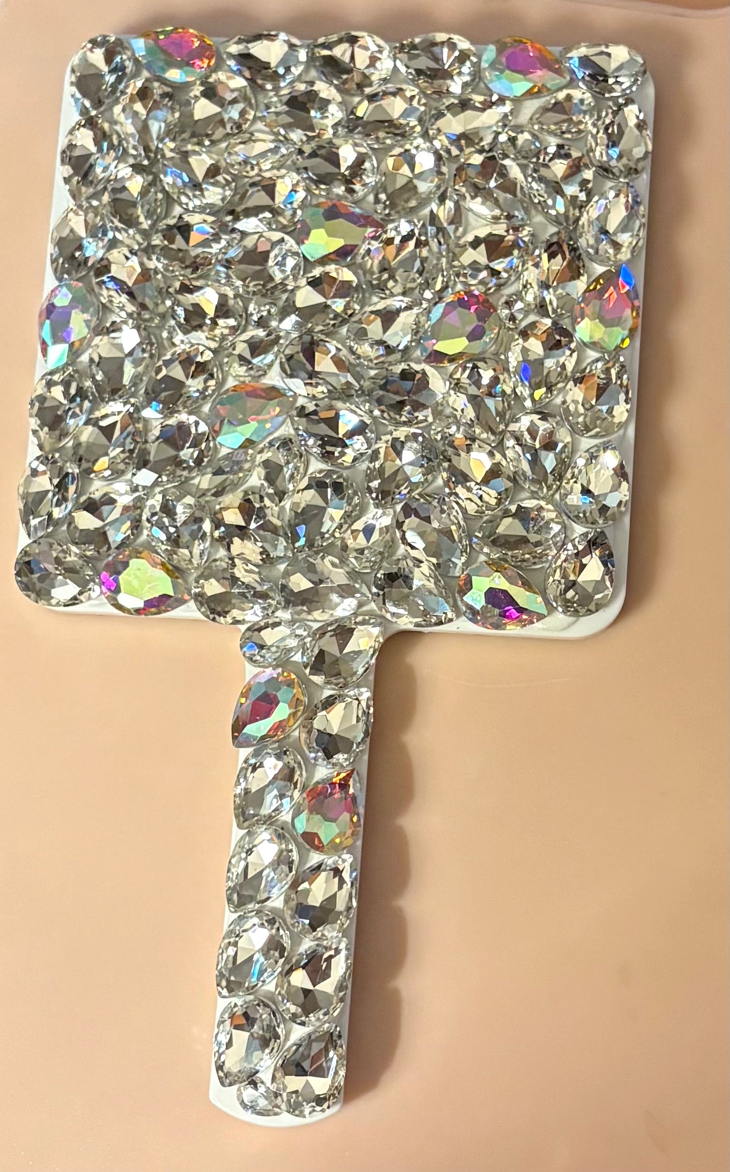 Bling Bling! Clear AB Large Stone Crystal Rhinestone Square Handheld Mirror 9” x 5”
