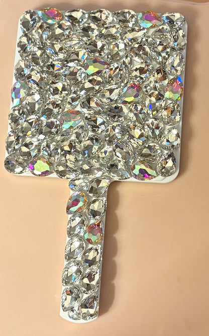 Bling Bling! Clear AB Large Stone Crystal Rhinestone Square Handheld Mirror 9” x 5”
