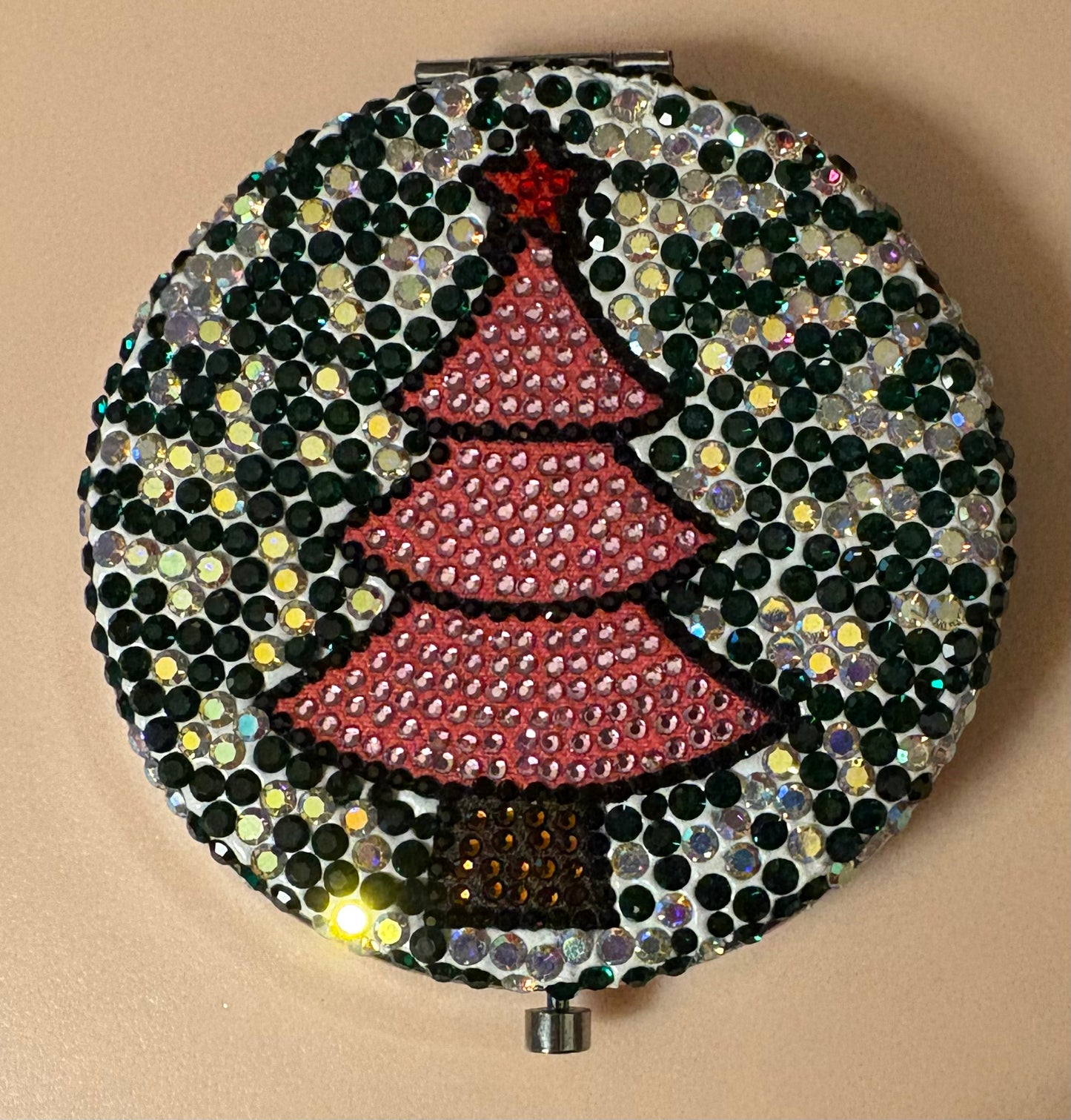 Bling Bling!! Rhinestone Pink Christmas Tree Compact Mirror - 2 in 1 - Plain Mirror and Magnifying Mirror