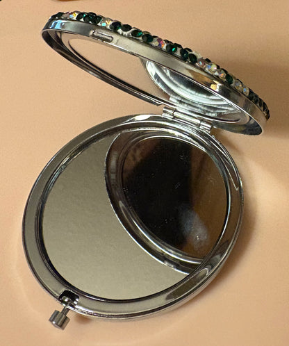 Bling Bling!! Rhinestone Pink Christmas Tree Compact Mirror - 2 in 1 - Plain Mirror and Magnifying Mirror