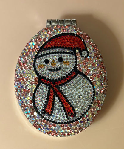 Bling Bling Handmade Snowman Christmas AB Rhinestone Foldable Compact Hair Brush and Mirror