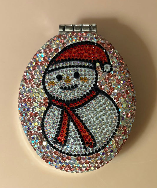 Bling Bling Handmade Snowman Christmas AB Rhinestone Foldable Compact Hair Brush and Mirror