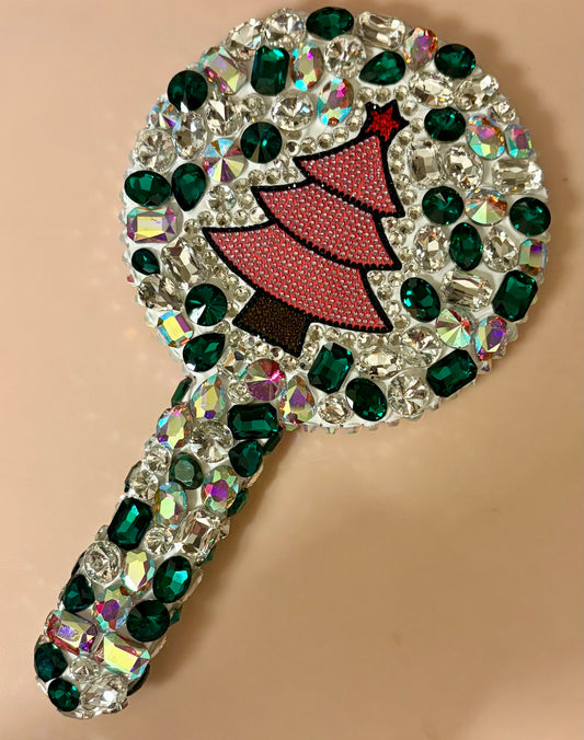 Bling Bling! Clear AB Large Stone Crystal Rhinestone Christmas Tree Round Handheld Mirror 9” x 5”