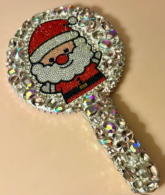 Bling Bling! Clear AB Large Stone Crystal Rhinestone Santa Claus Round Handheld Mirror 9” x 5”