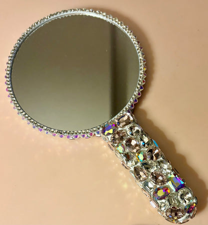 Bling Bling! Clear AB Large Stone Crystal Rhinestone Santa Claus Round Handheld Mirror 9” x 5”