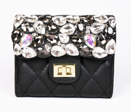 Bling Bling! Quilted Faux Leather Wallet w/ Rhinestone Flap - available in 4 colors