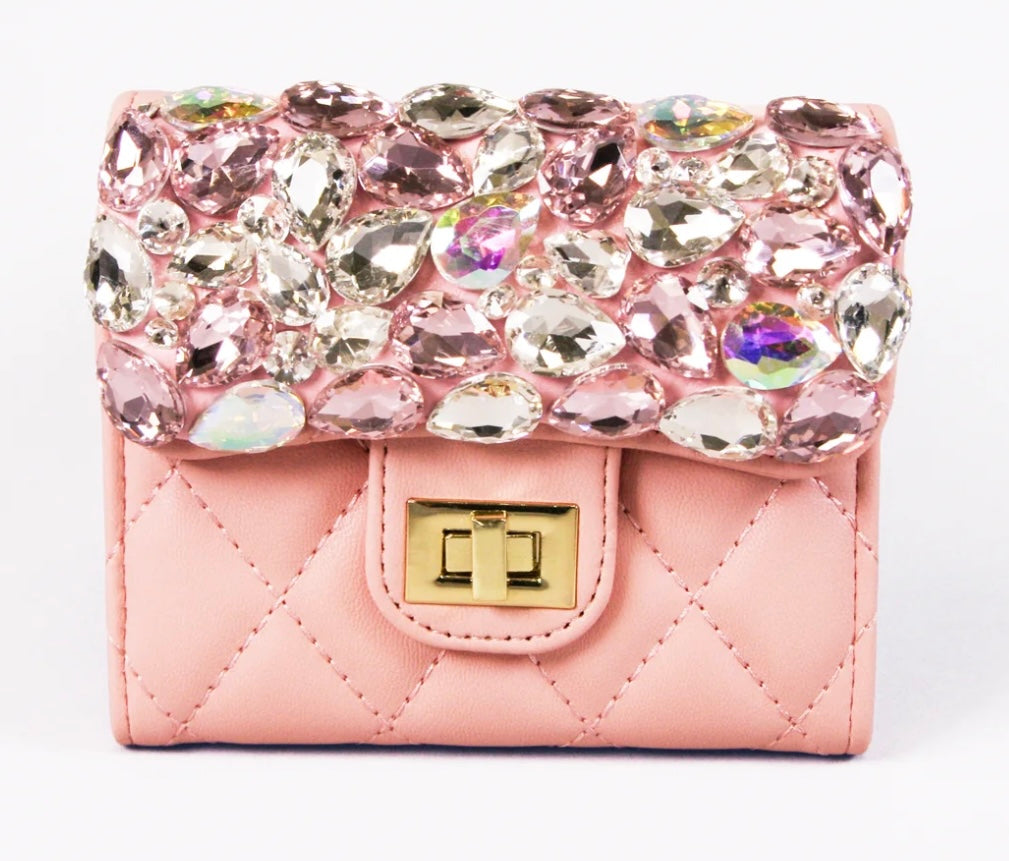 Bling Bling! Quilted Faux Leather Wallet w/ Rhinestone Flap - available in 4 colors