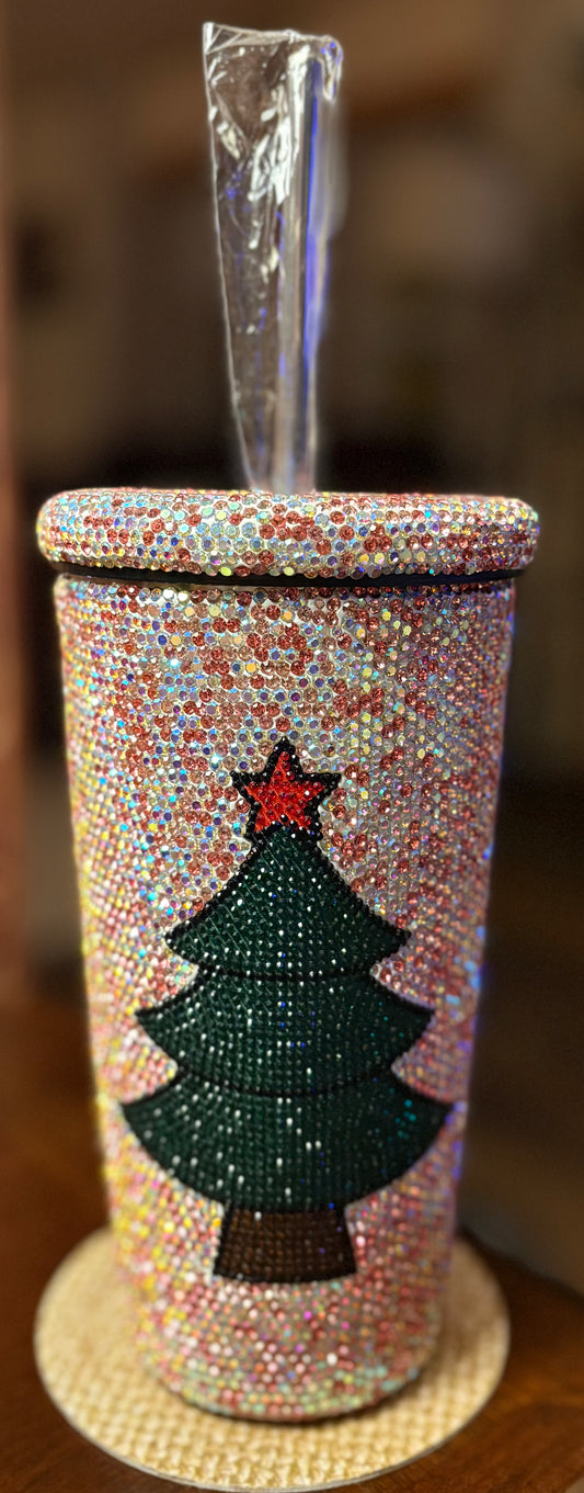 Bling Bling!! Crystal Tumbler Christmas Tree / Soda Cup with Stainless Steel Straw