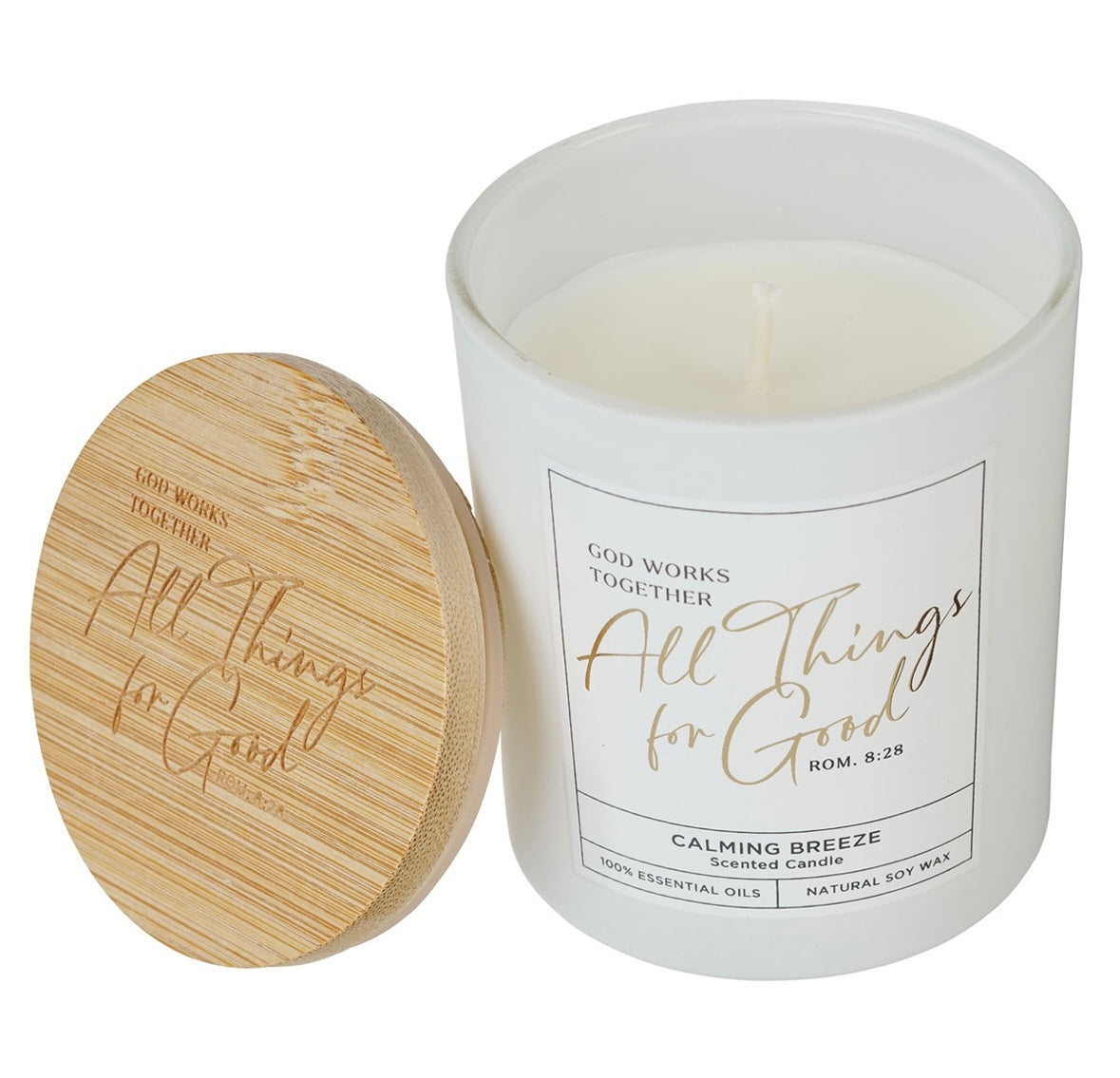 Glass Candle W/Bamboo Lid - White God Works Rom. 8:28
