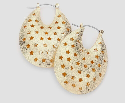 Earrings - Puffed Oval Hoop with Stars Gold