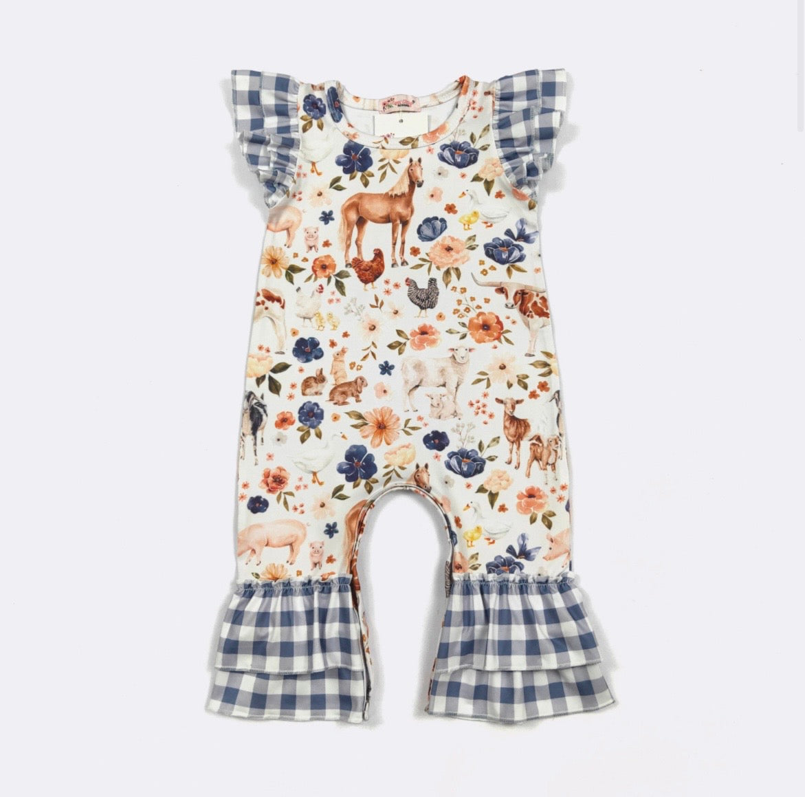 Clothing for Baby Girl - Blue Plaid Farm Baby Romper