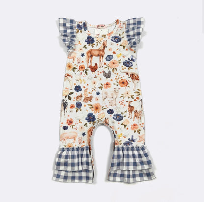 Clothing for Baby Girl - Blue Plaid Farm Baby Romper