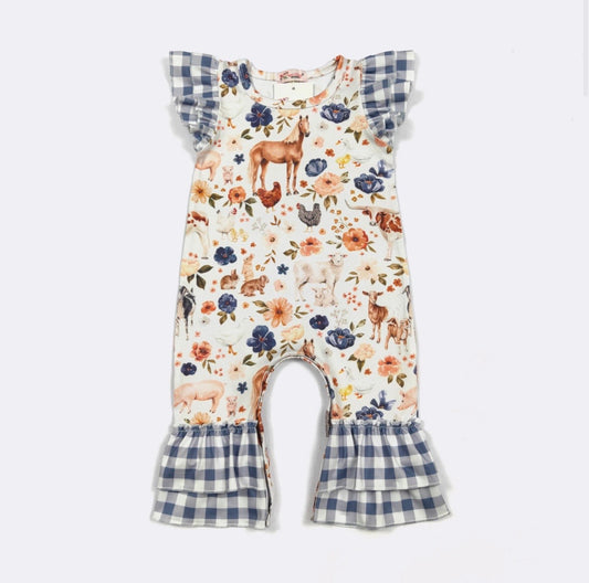 Clothing for Baby Girl - Blue Plaid Farm Baby Romper