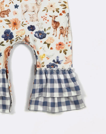 Clothing for Baby Girl - Blue Plaid Farm Baby Romper