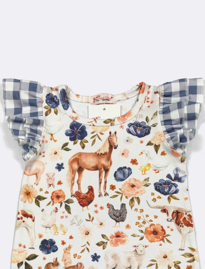 Clothing for Baby Girl - Blue Plaid Farm Baby Romper
