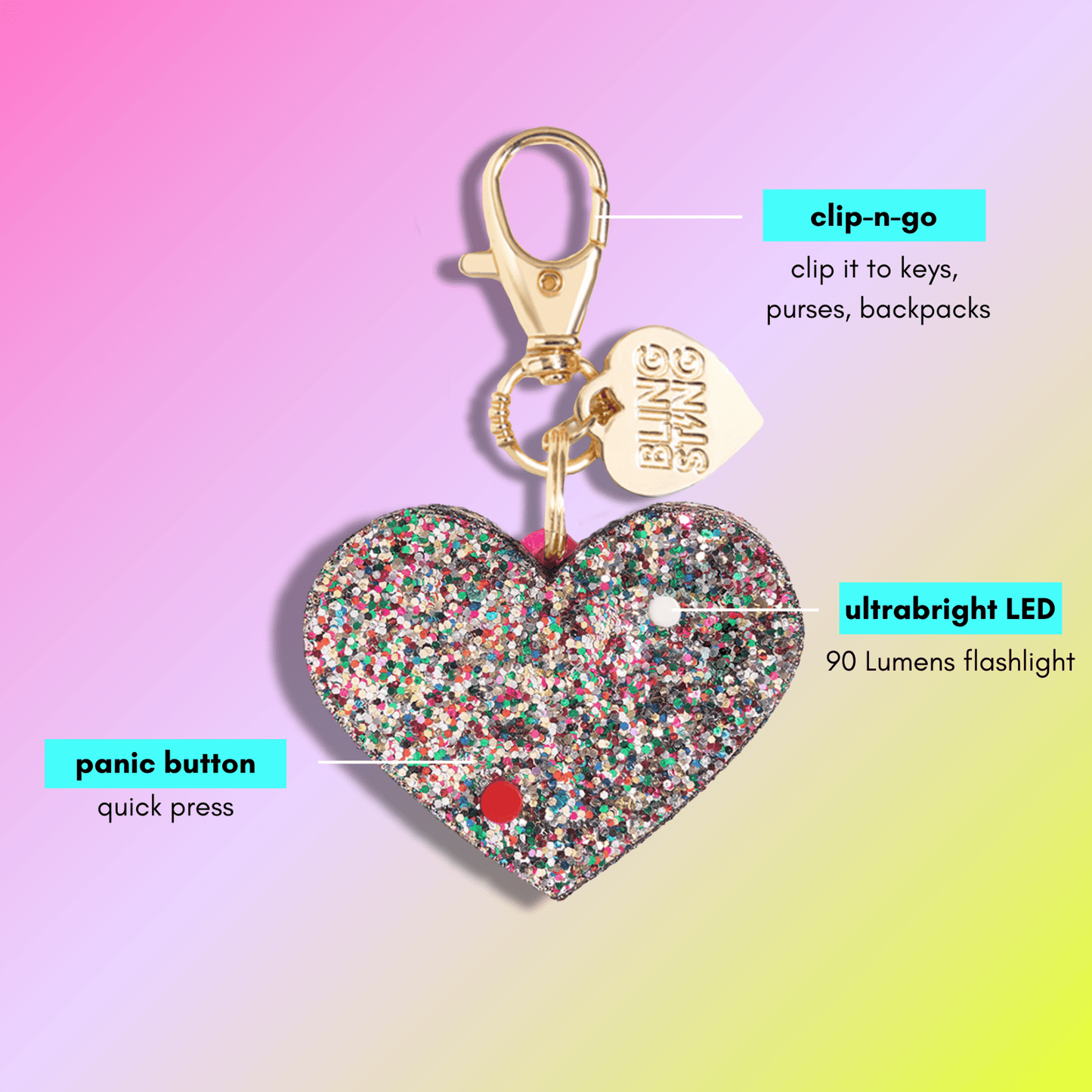 BlingSting Safety Alarm | Confetti Glitter Heart - Available in 3 colors