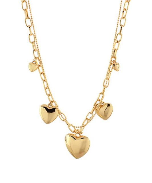 Necklace - Double Layered Heart Charm and Pendant Chain Link Heart Design Gold Tone