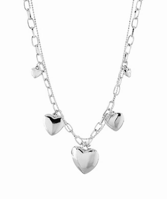 Necklace - Double Layered Heart Charm and Pendant Chain Link Heart Design Silver Tone