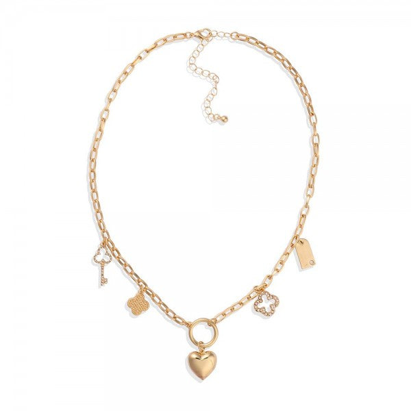 Necklace - Paper Clip Chain Link Charm Featuring Key, Puffy Heart & Clover in gold tone