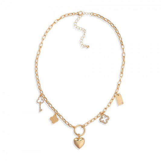 Necklace - Paper Clip Chain Link Charm Featuring Key, Puffy Heart & Clover in gold tone