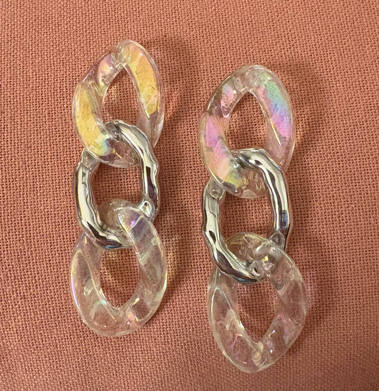 Earrings - Iridescent Clear Acrylic and Silver Chain Link