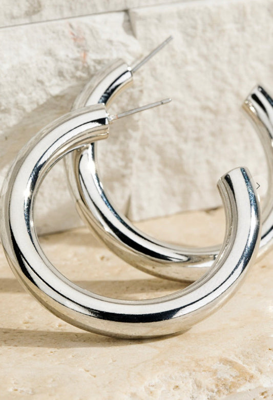 Earrings - Polished Silver Thick Tubular C Shaped Hoops