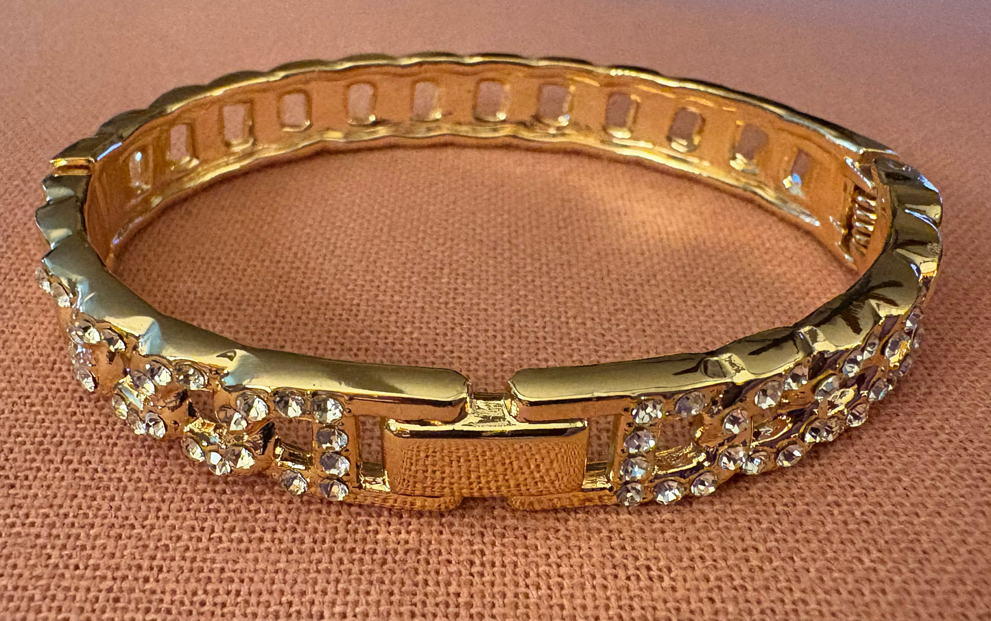 Bracelet - Hinged Rhinestone Gold Metal Link