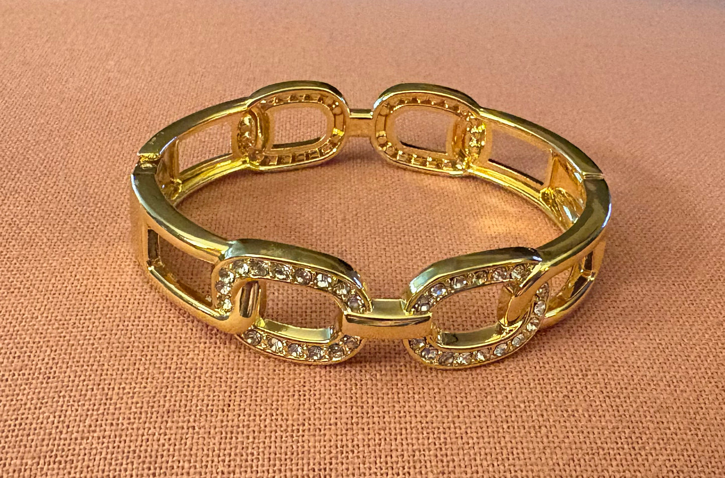 Bracelet - Hinged Oversized Chain Link Gold Tone Bangle with Rhinestones