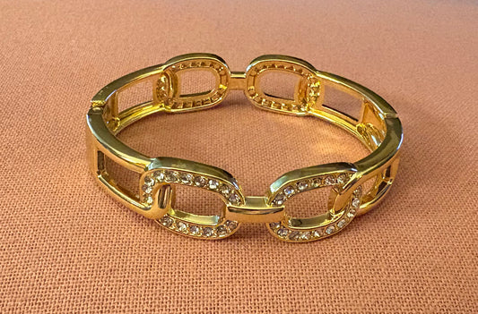 Bracelet - Hinged Oversized Chain Link Gold Tone Bangle with Rhinestones