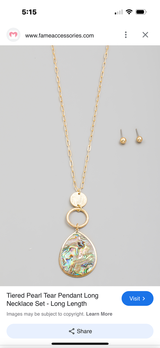 Necklace - Tiered Abalone Teardrop Pendant Long Set with stud earrings