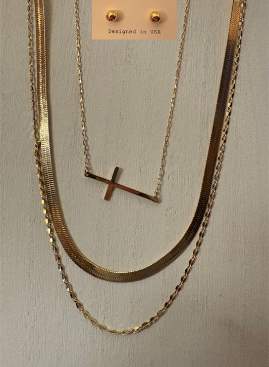Necklace - 3 Layered Gold Tone with Cross And Stud Earrings
