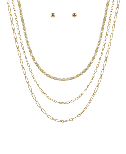 Necklace - 3 Layered Gold Tone Paper Clip Chains and Oval Pearl and earring stud set