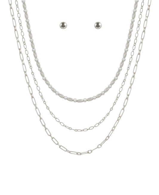 Necklace - 3 Layered Silver Tone Paper Clip Chains and Oval Pearl and earring stud set