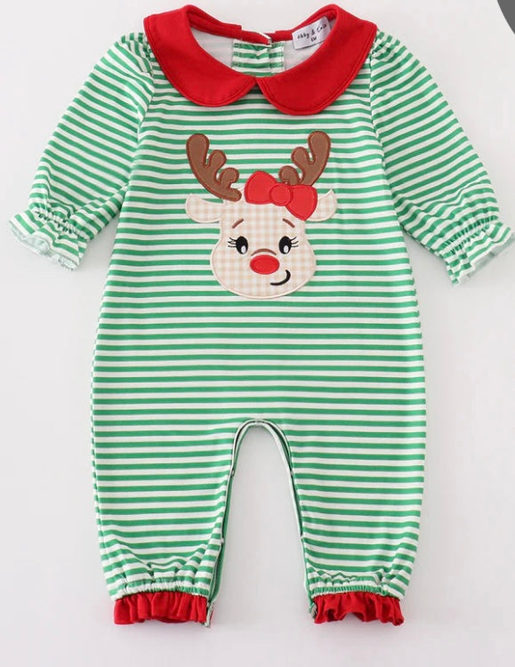 Clothing for baby girl - Jolly Stripes Reindeer Appliqué Girl Romper