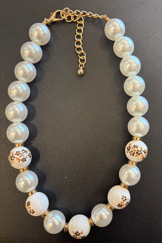 Large Pearl & Ceramic Bead with Flowers Necklace