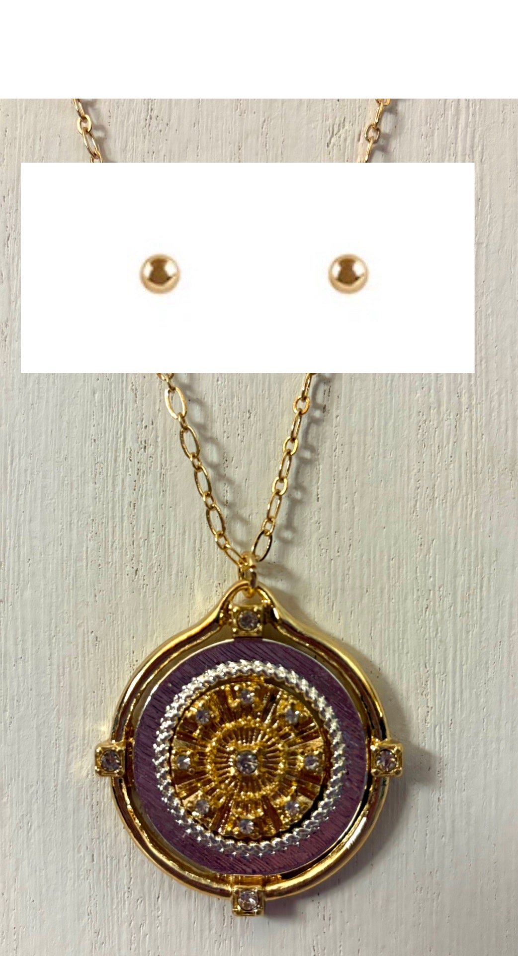 Necklace - Rhinestone Medallion Pendant with stud earrings, Gold with Silver