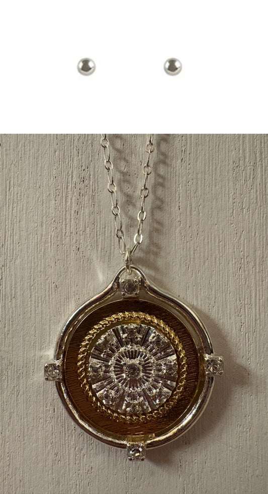 Necklace - Rhinestone Medallion Pendant with stud earrings, Silver with Gold