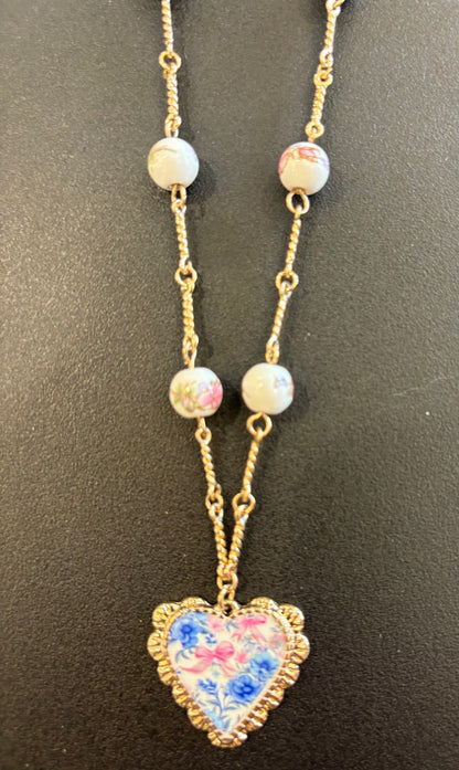 Necklace with Ceramic Heart pendant with ceramic beads available in 3 colors