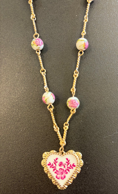 Necklace with Ceramic Heart pendant with ceramic beads available in 3 colors