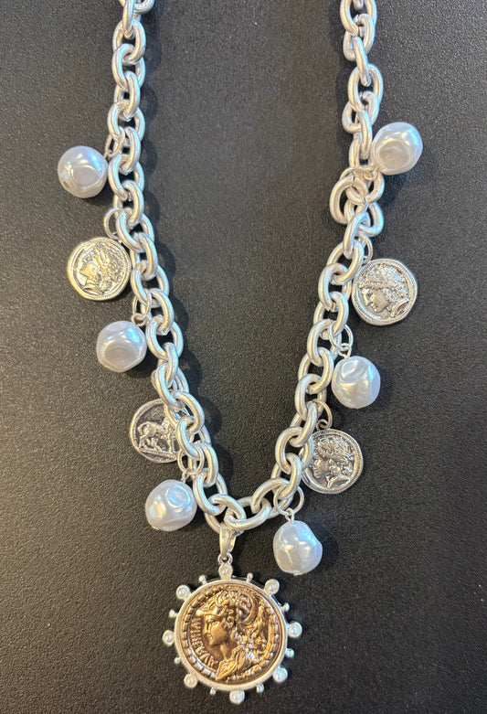 Silver chain with gold coin and charms