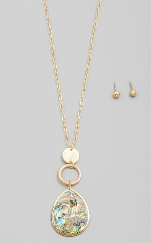 Necklace - Tiered Abalone Teardrop Pendant Long Set with stud earrings