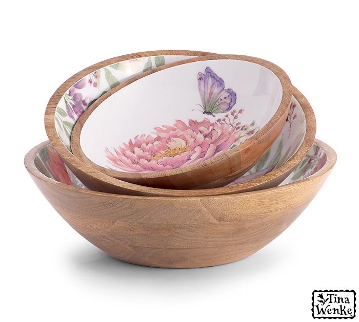 BB - Floral Spring Mango Wood Bowls available in 3 sizes. Can be nested.