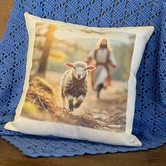 LOC - Good Shepard Chasing Lost Lamb. Pillow 15.75”