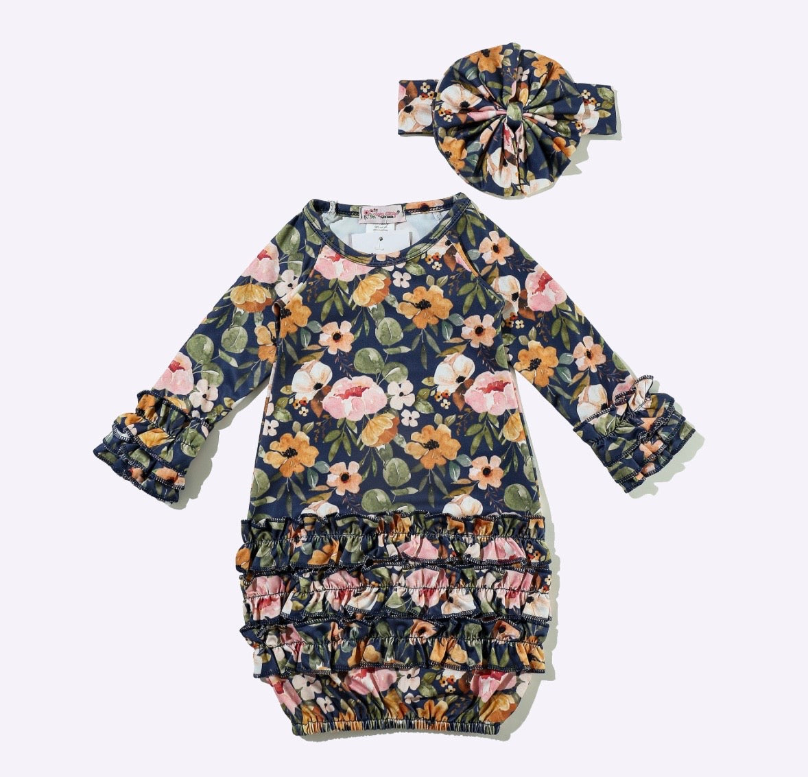 Clothing for Baby Girl - Navy Wispy Floral Baby Gown