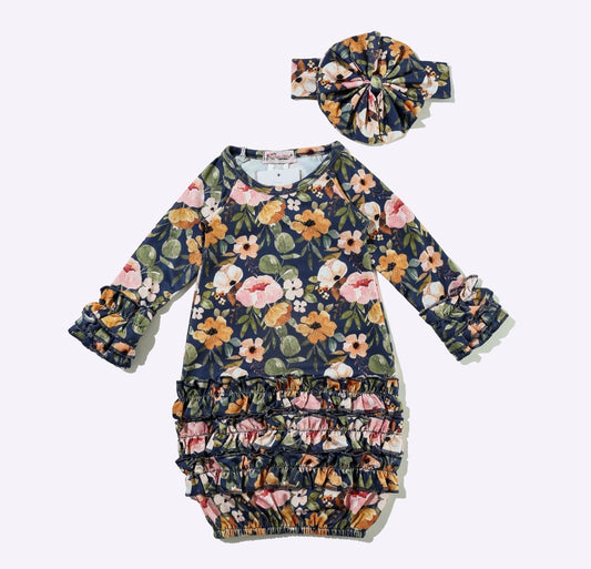 Clothing for Baby Girl - Navy Wispy Floral Baby Gown
