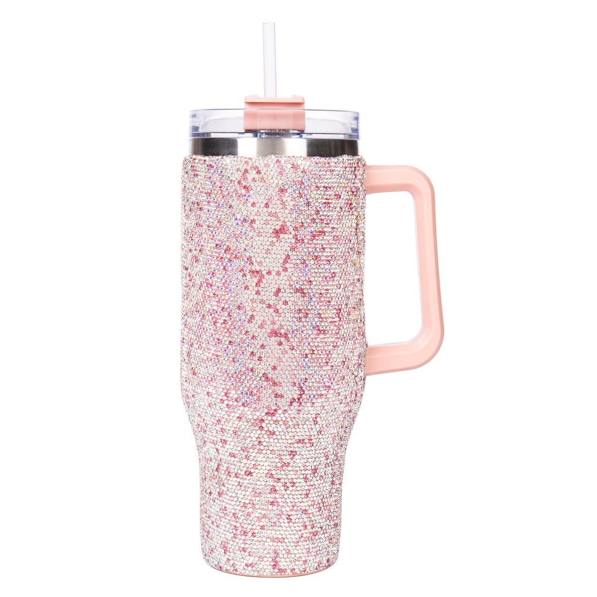 Bling Bling 40 oz Stainless Steel Pink Rhinestone Thermo Bottle with Handle & Straw