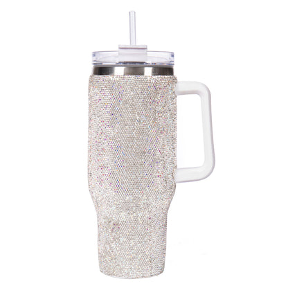 Bling Bling 40 oz Stainless Steel Silver AB Rhinestone Thermo Bottle / Tumbler with Handle & Straw