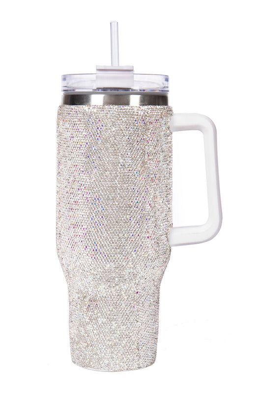 Bling Bling 40 oz Stainless Steel Silver AB Rhinestone Thermo Bottle / Tumbler with Handle & Straw